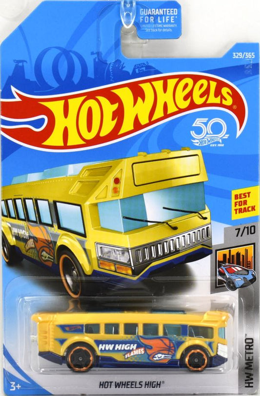 Hot Wheels 2018 - Collector # 329/365 - HW Metro 7/10 - Hot Wheels High (School Bus) - Gold / HW High Flames - USA 50th Card
