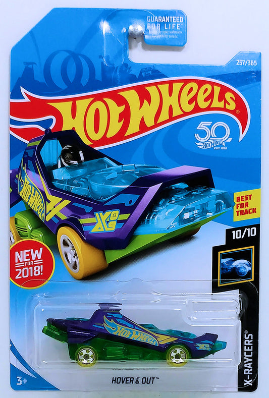 Hot Wheels 2018 - Collector # 257/365 - X-Raycers 10/10 - New Models - Hover & Out - Purple, Transparent Blue & Green - USA 50th Card