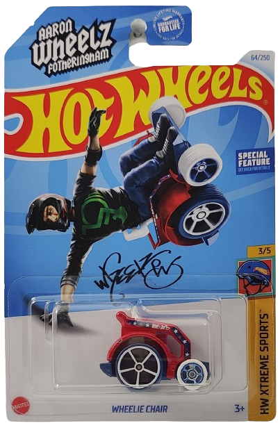 Hot Wheels 2024 Collector 064 250 HW Xtreme Sports 3 5 Wheelie Chair Red Special Feature USA Card with Aaron WHEELZ Fotheringham