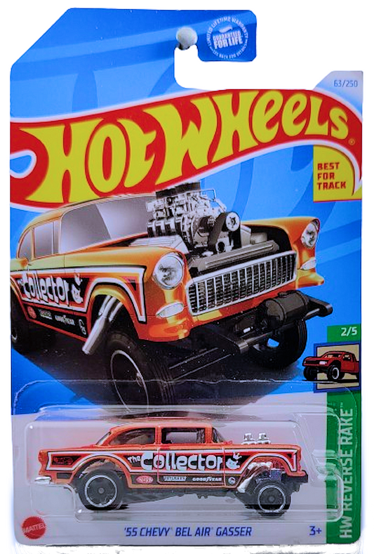 Hot Wheels 2024 - Collector # 063/250 - HW Reverse Rake 2/5 - '55 Chevy Bel Air Gasser - Metalflake Orange / Collector - Ringed Black RSW - USA Card