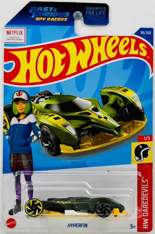 Hot Wheels 2022 - Collector # 095/250 - HW Daredevils 01/05 - Hyperfin - Matte Olive - Hazard Stripes - RA6 Wheels - USA 'Fast & Furious Spy Racers' Card