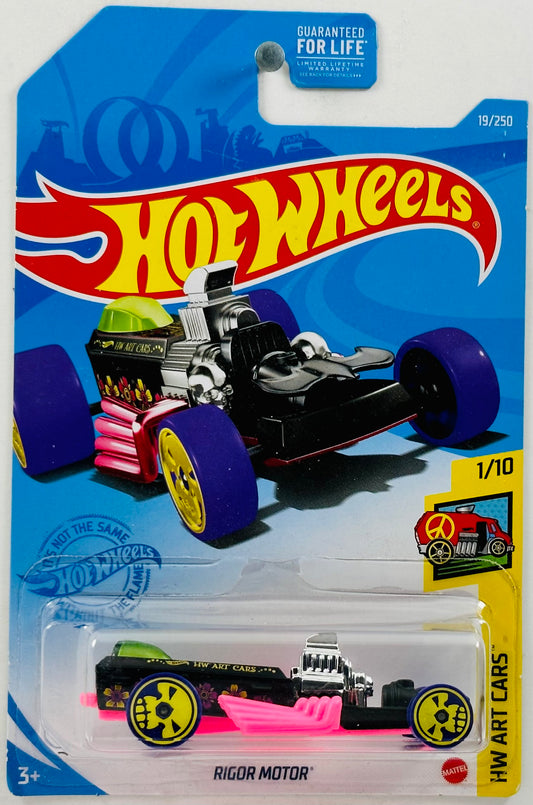 Hot Wheels 2021 - Collector # 019/250 - HW Art Cars 01/10 - Rigor Motor - Matte Black - Pink Base & Exhaust - Purple Tires on Yellow Skull Wheels - USA Card