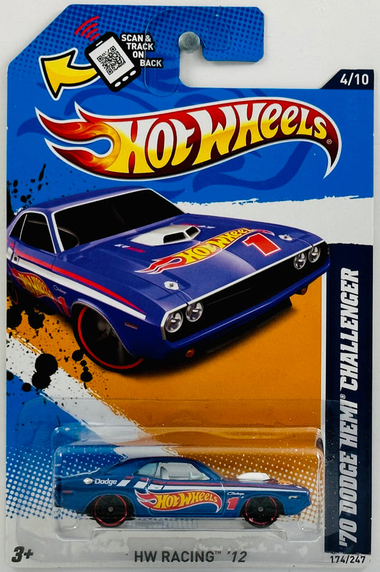 Hot Wheels 2012 - Collector # 174/247 - HW Racing 04/10 - '70 Dodge Hemi Challenger - Blue - '1' Hot Wheels Graphics - USA Track & Scan