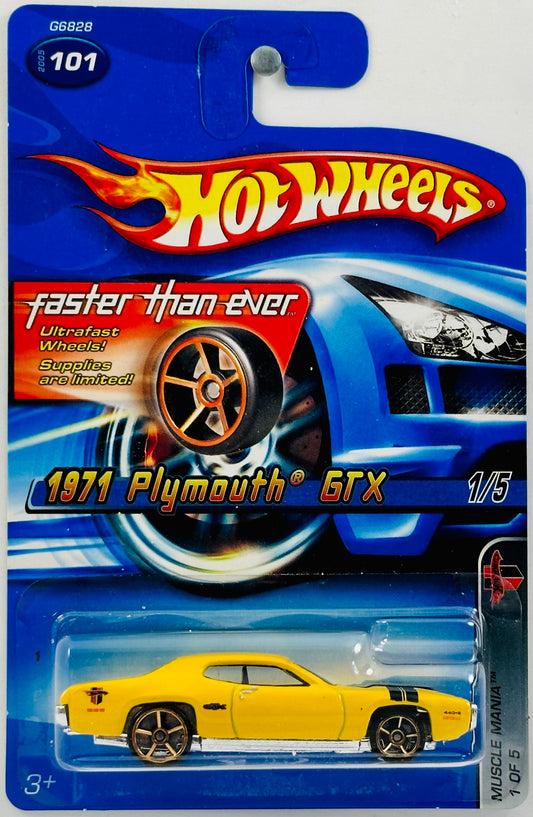 Hot Wheels 2005 - Collector # 101/183 - Muscle Mania 01/05 - Faster Than Ever - 1971 Plymouth GTX - Enamel Yellow - Chrome Base - USA