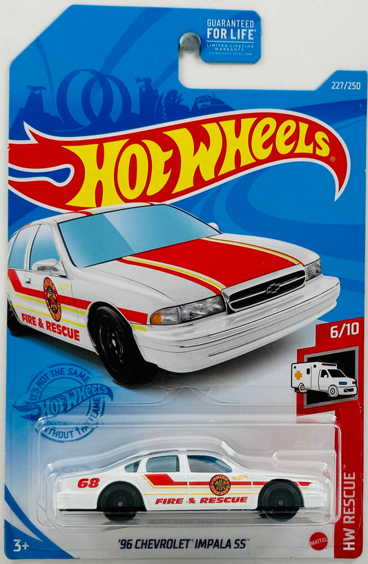 Hot Wheels 2021 - Collector # 227/250 - HW Rescue 06/10 - '96 Chevrolet Impala SS - White - Red & Yellow Stripes / 'Fire & Rescue' / '68' - USA Card