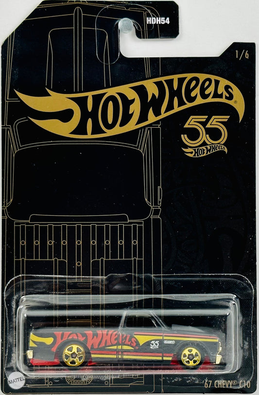 Hot Wheels 2023 - Theme / 55th Anniversary Black & Yellow 01/06 - '67 Chevy C10 - Matte Black - Red & Yellow Stripes / 'Hot Wheels' / '55th' on Sides - 5 Spoke Wheels - Special Blister Card