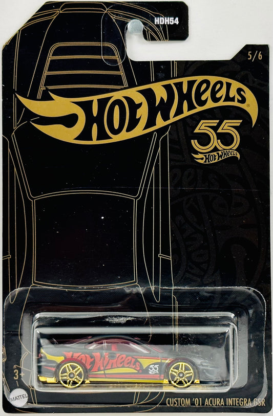 Hot Wheels 2023 - Theme / 55th Anniversary Black & Yellow 05/06 - Custom '01 Acura Integra GSR - Matte Black - Red & Yellow Stripes / 'Hot Wheels' / '55th' on Sides - PR5 Spoke Wheels - Special Blister Card