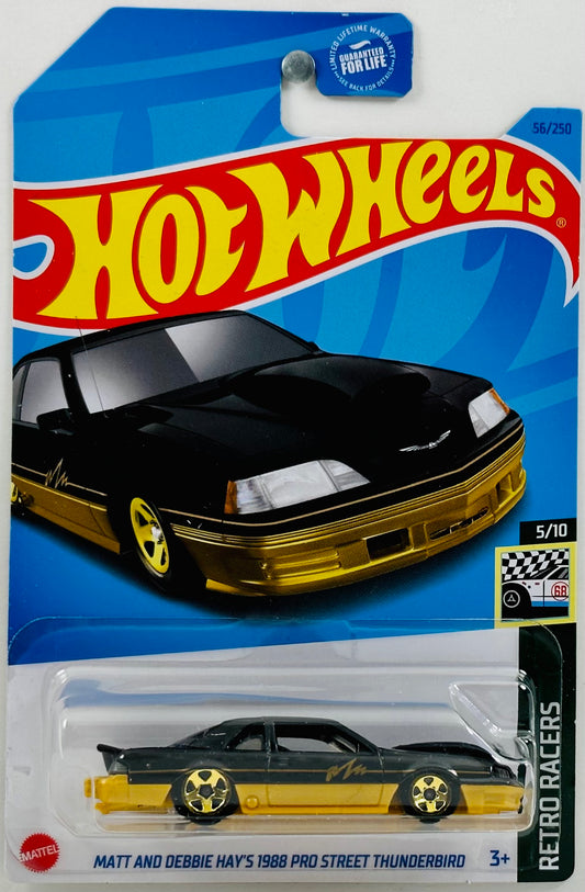 Hot Wheels 2023 - Collector # 056/250 - Retro Racers 05/10 - Matt and Debbie Hay's 1988 Pro Street Thunderbird - Black - Gold Pulse Graphic - USA