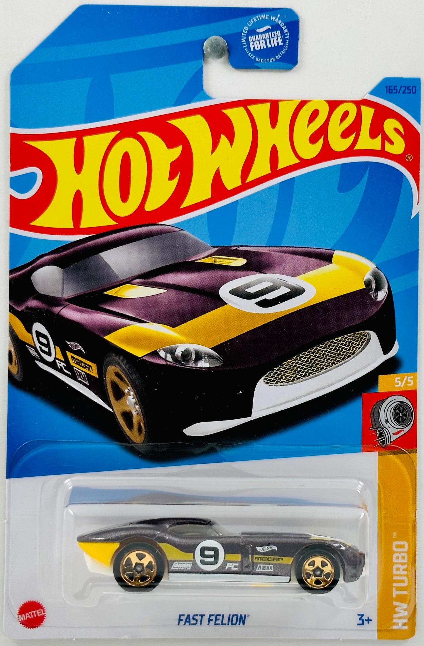 Hot Wheels 2023 - Collector # 165/250 - HW Turbo 05/05 - Fast Felion - Dark Maroon - Yellow Stripes / '9' - USA