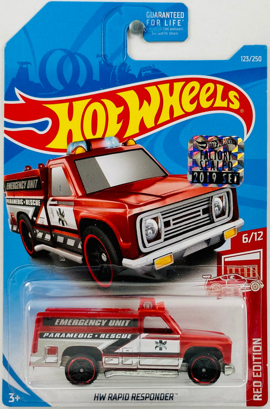 Hot Wheels 2019 - Collector # 123/250 - Red Edition 06/12 - HW Rapid Responder - Red - 'Emergency Unit' / 'Paramedic, Rescue' - Target Exclusive - USA Card with Factory Sealed Sticker