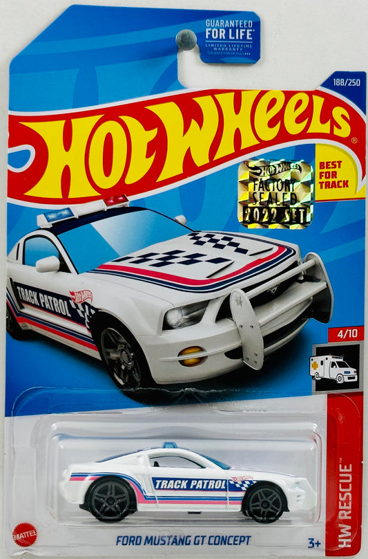 Hot Wheels 2022 - Collector # 188/250 - HW Rescue 04/10 - Ford Mustang GT Concept - White / 'Track Patrol' - USA Card with Factory Set Sticker