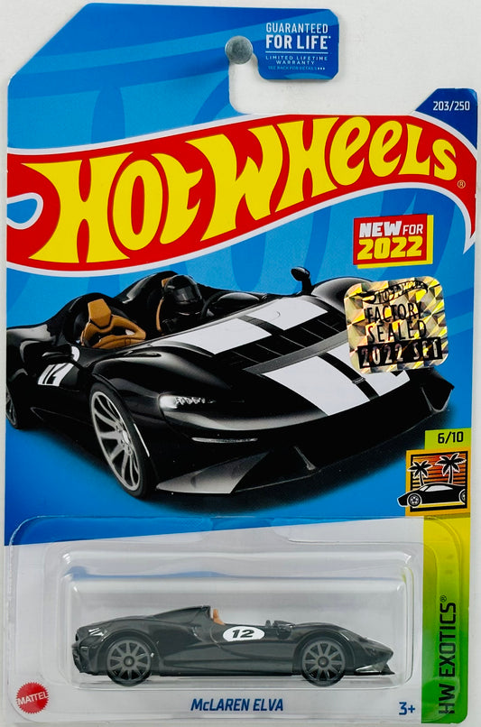 Hot Wheels 2022 - Collector # 203/250 - HW Exotics 6/10 - New Models - McLaren Elva - Black / '12' / White Stripes - 10 Spokes - USA Card with Factory Set Sticker