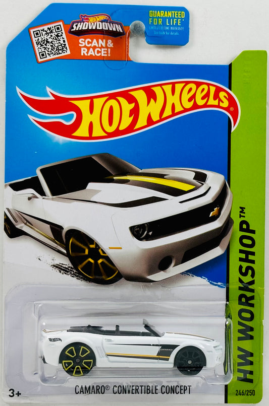 Hot Wheels 2015 - Collector # 246/250 - HW Workshop / Then and Now - Camaro Convertible Concept - White - Yellow & Black Stripes - *Front Wheel Error* - USA