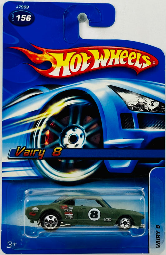 Hot Wheels 2006 - Collector # 156/223 - Vairy 8 (Corvair) - Flat Dark Green / #8 / Black Hood Stripe - 5SP Wheels - USA Card