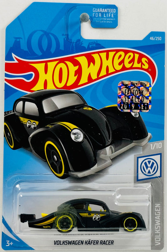 Hot Wheels 2019 - Collector # 046/250 - Volkswagen 1/10 - Volkswagen Käfer Racer - Matte Black / Mooneyes - Yellow Stripes - USA Card with Factory Set Sticker