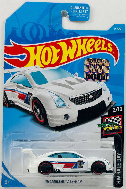 Hot Wheels 2019 - Collector # 075/250 - HW Race Day 2/10 - '16 Cadillac ATS-V R - White - '4' / Blue, Red & Sliver - Red Rim / Black PR5 Wheels - USA Card with Factory Set Sticker