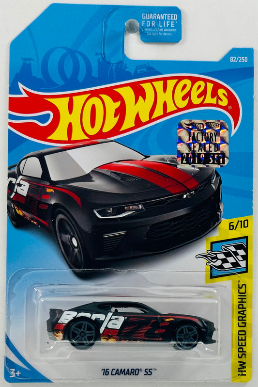 Hot Wheels 2019 - Collector # 082/250 - HW Speed Graphics 6/10 - '16 Camaro SS - Matte Black - '78' / 'Borla' - Grey PR5 Wheels - USA Card with Factory Set Sticker
