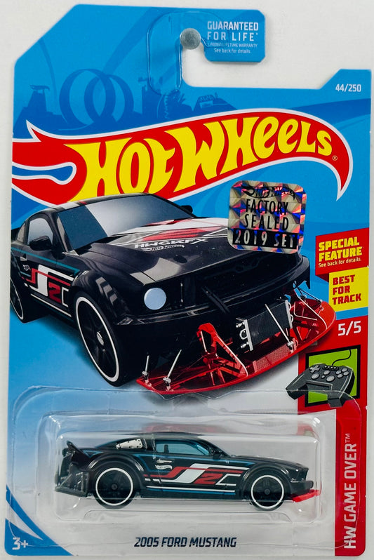 Hot Wheels 2019 - Collector # 044/250 - HW Game Over 5/5 - 2005 Ford Mustang - Black - '2' / Red & White Stripes - White Rim / Black PR5 Wheels - USA Card with Factory Set Sticker
