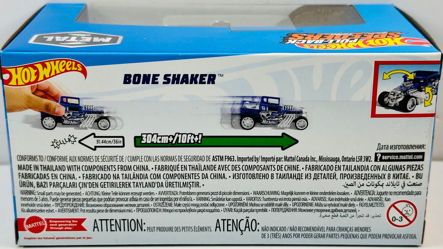 Hot Wheels 2023 - Pull-Back Speeders - Bone Shaker - Dark Blue - White Skull / White & Grey Flames - Metal - Display Box