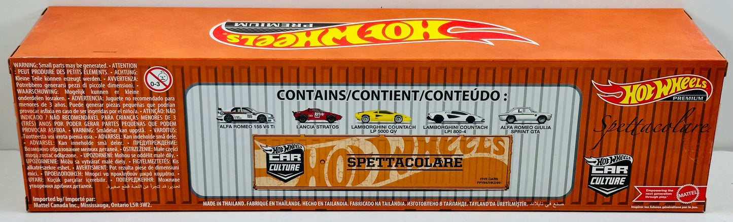 Hot Wheels 2023 - Premium / Car Culture: Spettacolare / Container Set / 5 Pack - Alfa Romeo 155 V6 Ti, Lancia Stratos, Lamborghini Countach LP 5000 QV, Lamborghini Countach LPI 800-4, Alfa Romeo Giulia Sprint GTA - Display Box
