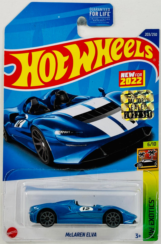 Hot Wheels 2022 - Collector # 203/250 - HW Exotics 6/10 - New Models - McLaren Elva - Blue / #12 - USA Factory Set Card