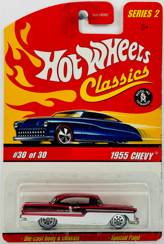 Hot Wheels 2006 - Classics Series 2 # 30/30 - 1955 Chevy - Spectraflame Red over White Enamel - 7 Spokes on White Walls - Metal/Metal - NEW Casting!