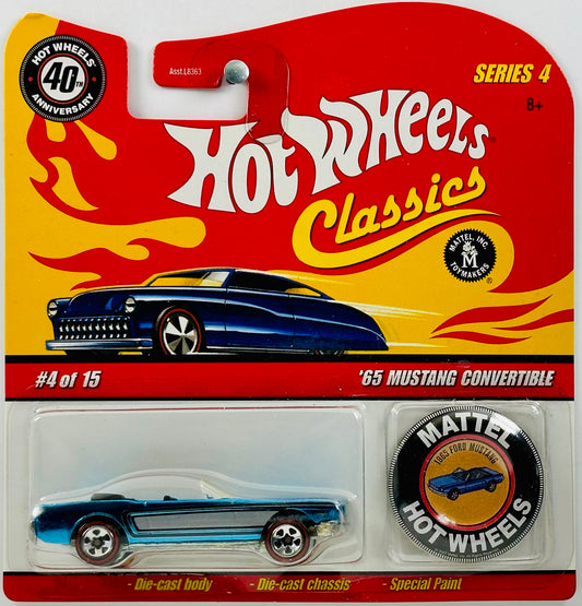 Hot Wheels 2008 - Classics Series 4 # 04/15 - '65 Mustang Convertible - Spectraflame Blue / Sliver Stripes - Metal/Metal - 5 Spokes on Red Lines - 40th Anniversary Retro Card