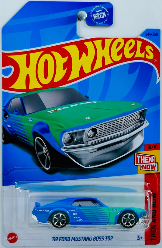 Hot Wheels 2023 - Collector # 244/250 - Then And Now 10/10 - '69 Ford Mustang Boss 302 - Falken Racing Blue / Ford Logo / Sponsorships - MC5 Wheels - USA Card