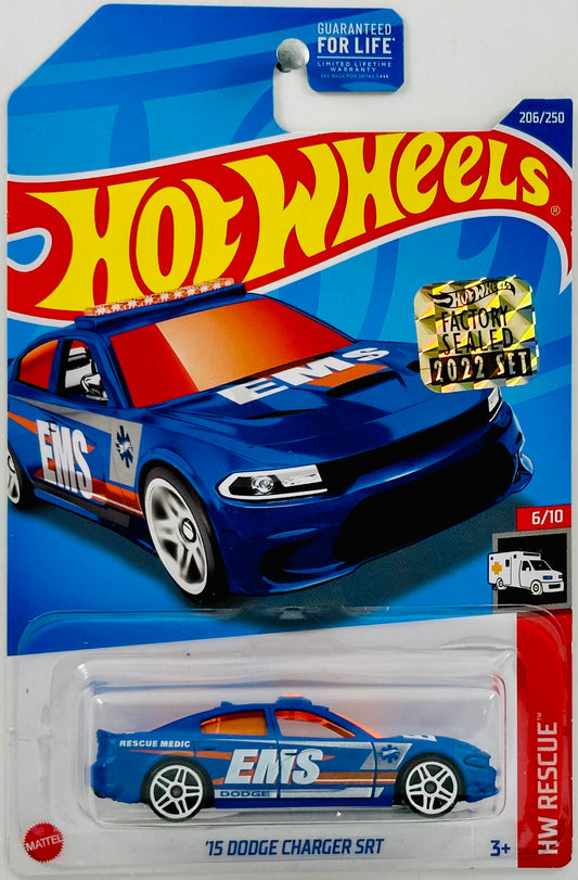 Hot Wheels 2022 - Collector # 206/250 - HW Rescue 6/10 - '15 Dodge Charger SRT - Matte Blue / EMS - 'Rescue Medic' - PR5 Wheels - USA Factory Set Sticker Card
