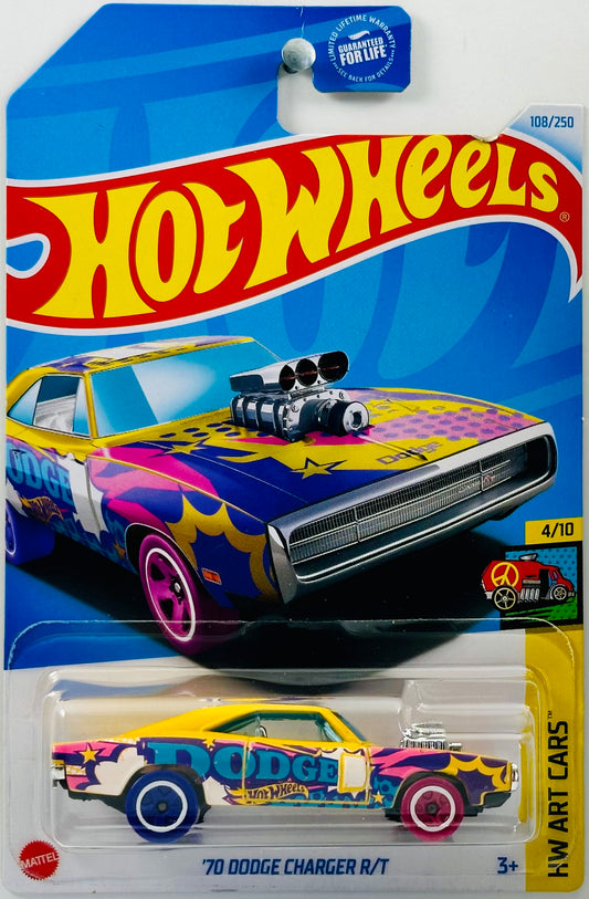 Hot Wheels 2024 - Collector # 108/250 - HW Art Cars 04/10 - '70 Dodge Charger R/T - Yellow - 'DODGE' - USA