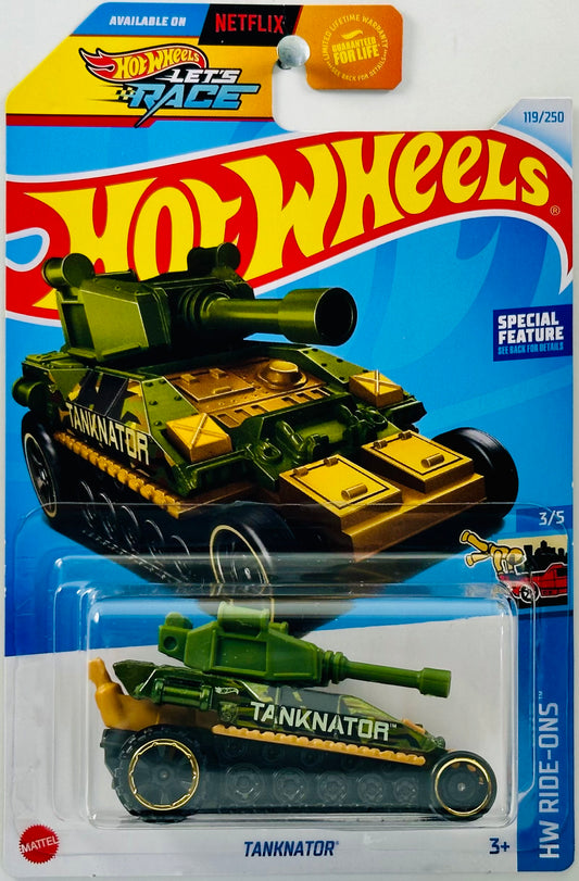 Hot Wheels 2024 - Collector # 119/250 - HW Ride-Ons 03/05 - Tanknator - Dark Green - USA 'Let's Race' Card