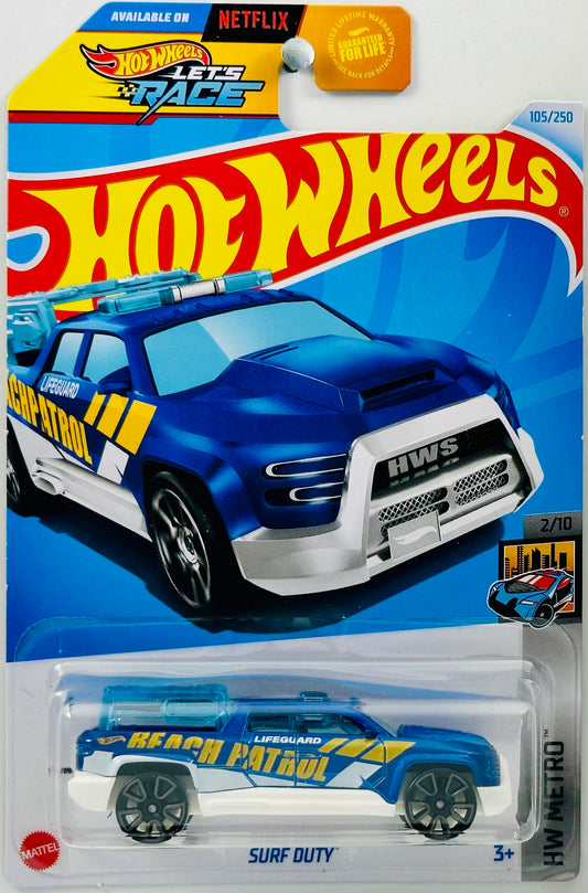 Hot Wheels 2024 - Collector # 105/250 - HW Metro 02/10 - Surf Duty - Blue - 'Beach Patrol' - USA 'Let's Race' Card