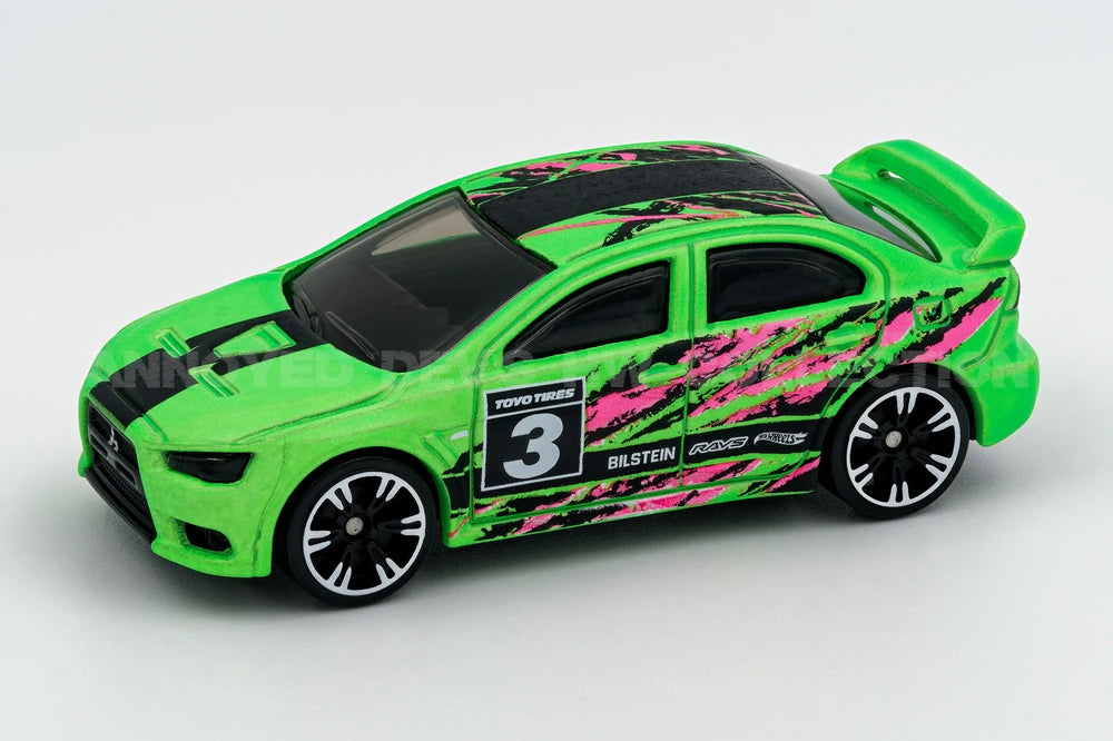 Hot Wheels 2025 - Theme / Neon Speeders 3/8 / Mix 2 - 2008 Lancer Evolution - Neon Green / #3 with Graphics - Neon Speeders 6-Spoke (NS6) Wheels - Walmart Exclusive