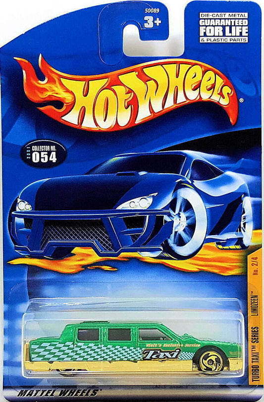 Hot Wheels 2001 - Collector # 054/240 - Turbo Taxi Series 2/4 - Limozeen - Metalflake Green / Taxi - Gold Sawblades - Malaysia - USA Card