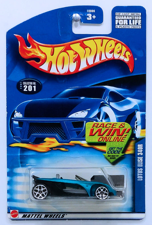 Hot Wheels 2002 - Collector # 201/240 - Lotus Elise 340R - Blue - USA 'Race & Win' Card