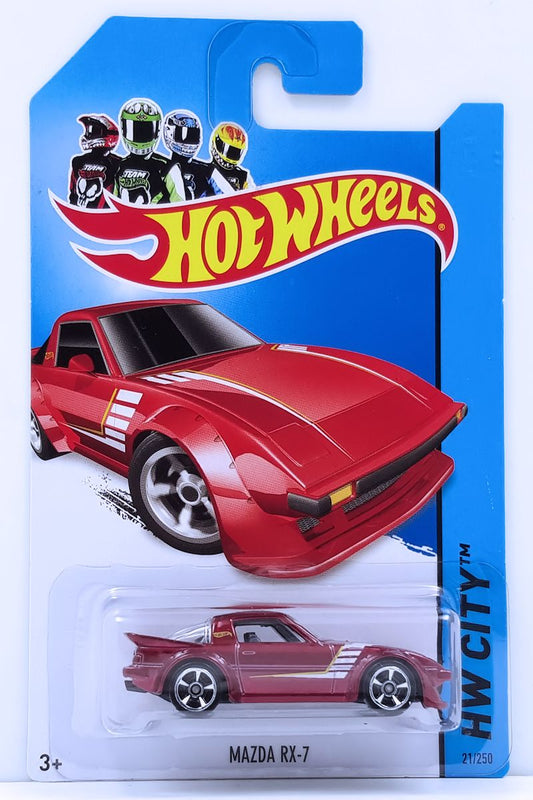 Hot Wheels 2014 - Collector # 021/250 - HW City / Night Burnerz - Mazda RX-7 - Red - M5 Wheels - Roll Bar - International Card
