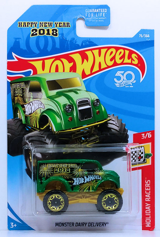 Hot Wheels 2018 - Collector # 076/365 - Holiday Racers 3/6 - Monster Dairy Delivery - Green Metalflake / 'Happy New Year 2018' - USA 50th Card