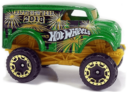 Hot Wheels 2018 - Collector # 076/365 - Holiday Racers 3/6 - Monster Dairy Delivery - Green Metalflake / 'Happy New Year 2018' - USA 50th Card