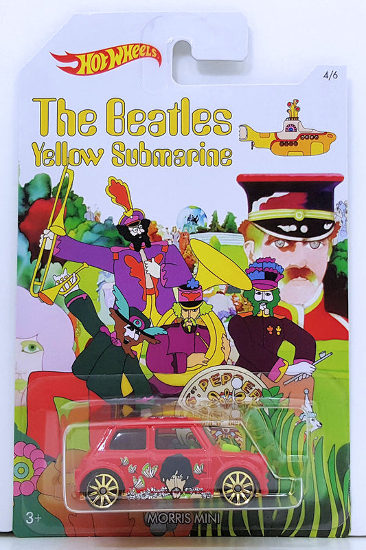 Hot Wheels 2016 - The Beatles - Yellow Submarine # 4/6 - Morris Mini - Red - Gold 10 Spoke Wheels - Tinted Windows - Green Interior - Gold Chrome Plastic Base