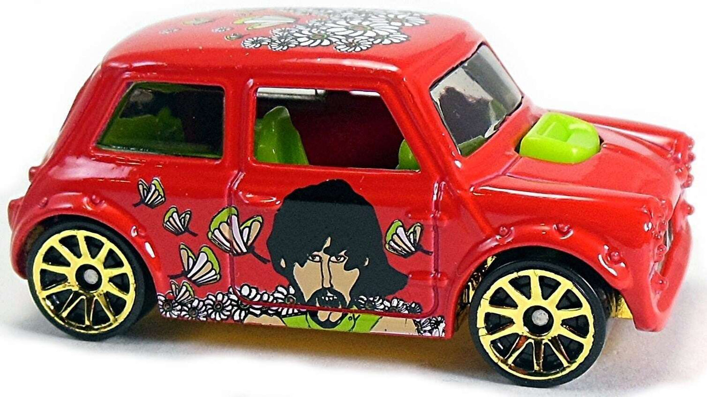 Hot Wheels 2016 - The Beatles - Yellow Submarine # 4/6 - Morris Mini - Red - Gold 10 Spoke Wheels - Tinted Windows - Green Interior - Gold Chrome Plastic Base