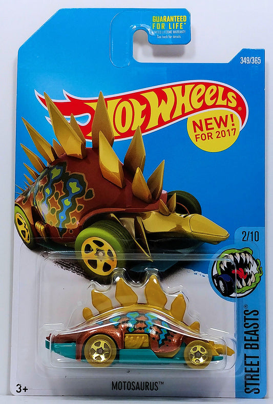 Hot Wheels 2017 - Collector # 349/365 - Street Beasts 2/10 - New Models - Motosaurus - Bronze Body / Gold Scales / Teal Spots & Base - USA Card