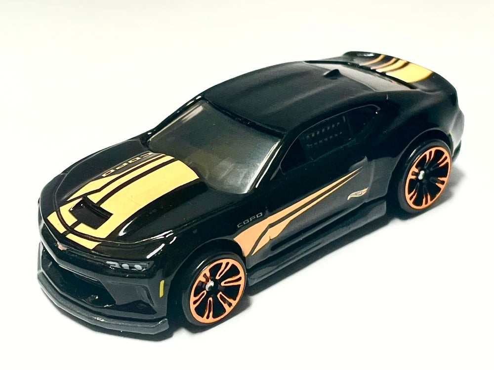 Hot Wheels 2025 - Theme / Neon Speeders 7/8 / Mix 2 - 2018 COPO Camaro SS - Glossy Black / Orange Stripes - Orange Chrome Speeders 6-Spoke (NS6) Wheels - Walmart Exclusive