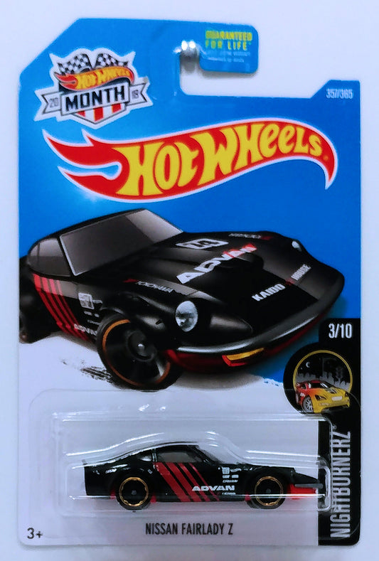 Hot Wheels 2017 - Collector # 357/365 - Nightburnerz 3/10 - Nissan Fairlady Z - Black / ADVAN - USA 'Month' Card a Walmart Exclusive