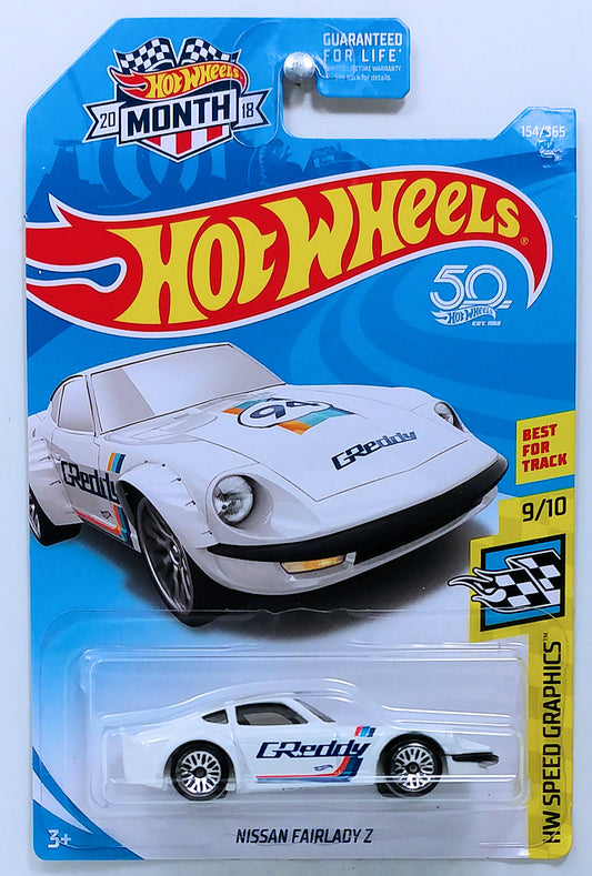 Hot Wheels 2018 - Collector # 154/365 - HW Speed Graphics 09/10 - Nissan Fairlady Z - White / 'GReddy' - Lace Wire Wheels - USA 50th Card