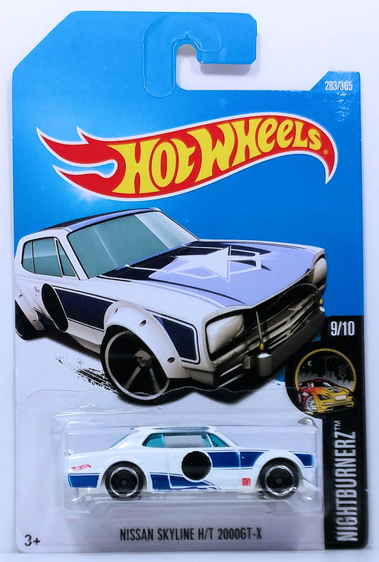 Hot Wheels 2017 - Collector # 283/365 - Nightburnerz 9/10 - Nissan Skyline H/T 2000GT-X - White / Blue Stripes & Graphics - International Card
