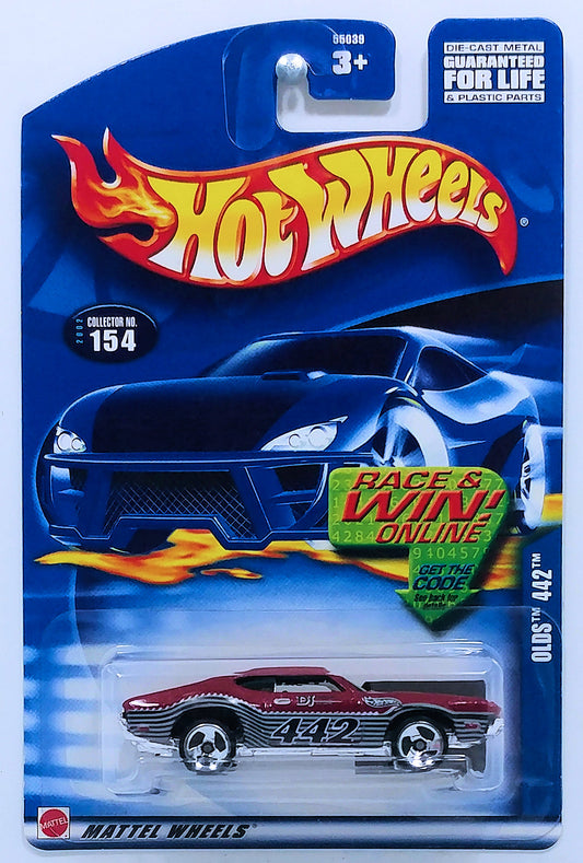 Hot Wheels 2002 - Collector # 154/240 - Olds 442 - Metallic Maroon - USA Race & Win Card