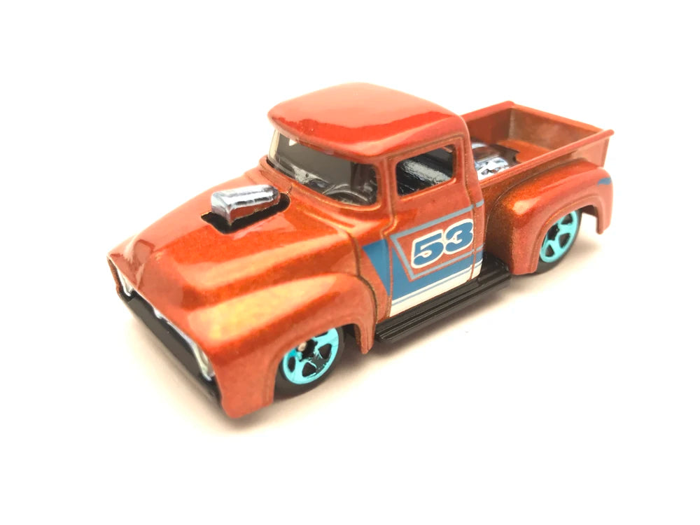 Hot Wheels 2021 - Theme / 53rd Anniversary / Wave 2 / Orange & Blue Series # 2/5 - Custom '56 Ford Truck - Metalflake Orange - Blue 5 Spoke Wheels - Orange Blister Card - Drug Stores Exclusive