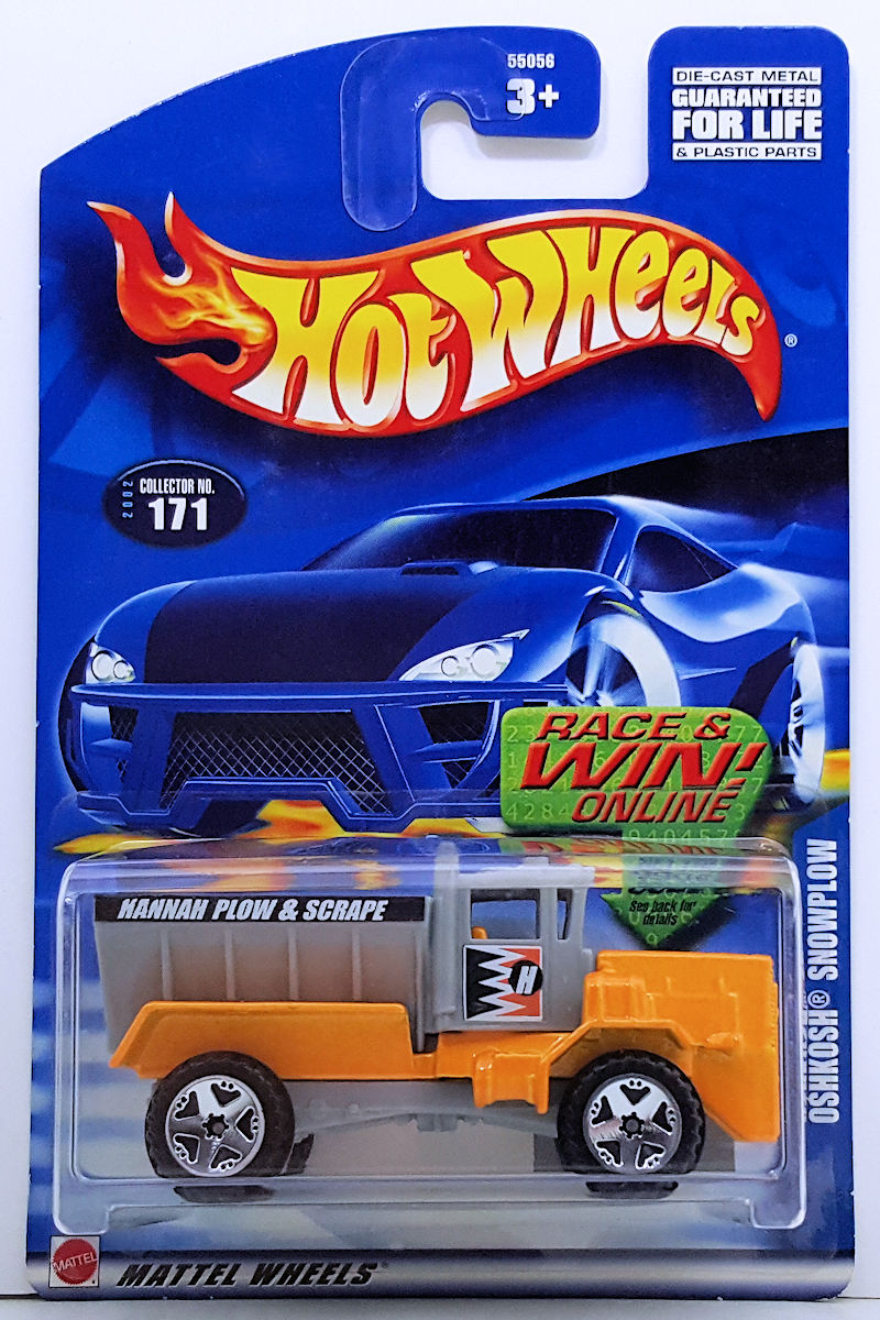 Hot Wheels 2002 - Collector # 171/240- Oshkosh Snowplow - Dark Yellow almost Orange - OR5SP Wheels - Malaysia Base - USA 'Race & Win' Card
