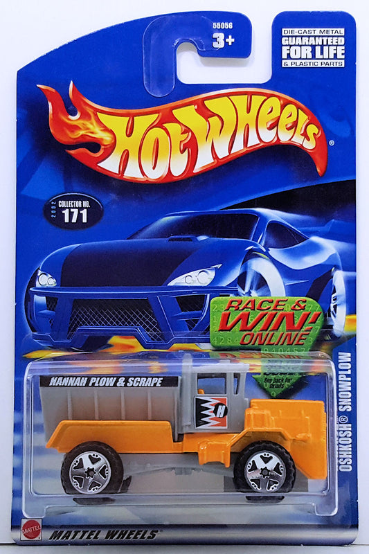 Hot Wheels 2002 - Collector # 171/240- Oshkosh Snowplow - Dark Yellow almost Orange - OR5SP Wheels - Malaysia Base - USA 'Race & Win' Card