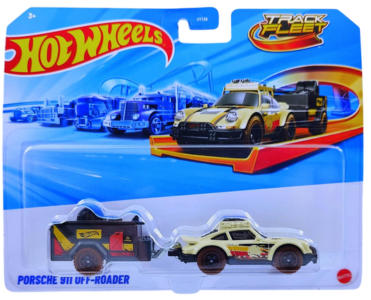 Hot Wheels 2025 - Track Fleet - Porsche 911 Off-Roader - Car = Cream / Trailer = Matte Black - Black Baja 5 Wheels on Brown Tires - NEW Casting!